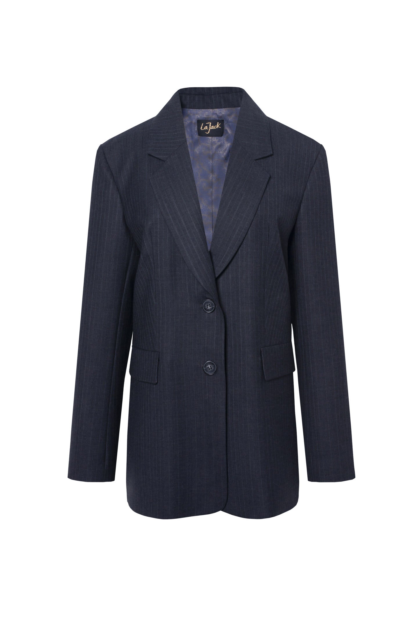 La Joséphine - Oversized Gray Wool Blazer Jacket with Thin Blue Stripes, Mauve Gold Cashmere Lining 