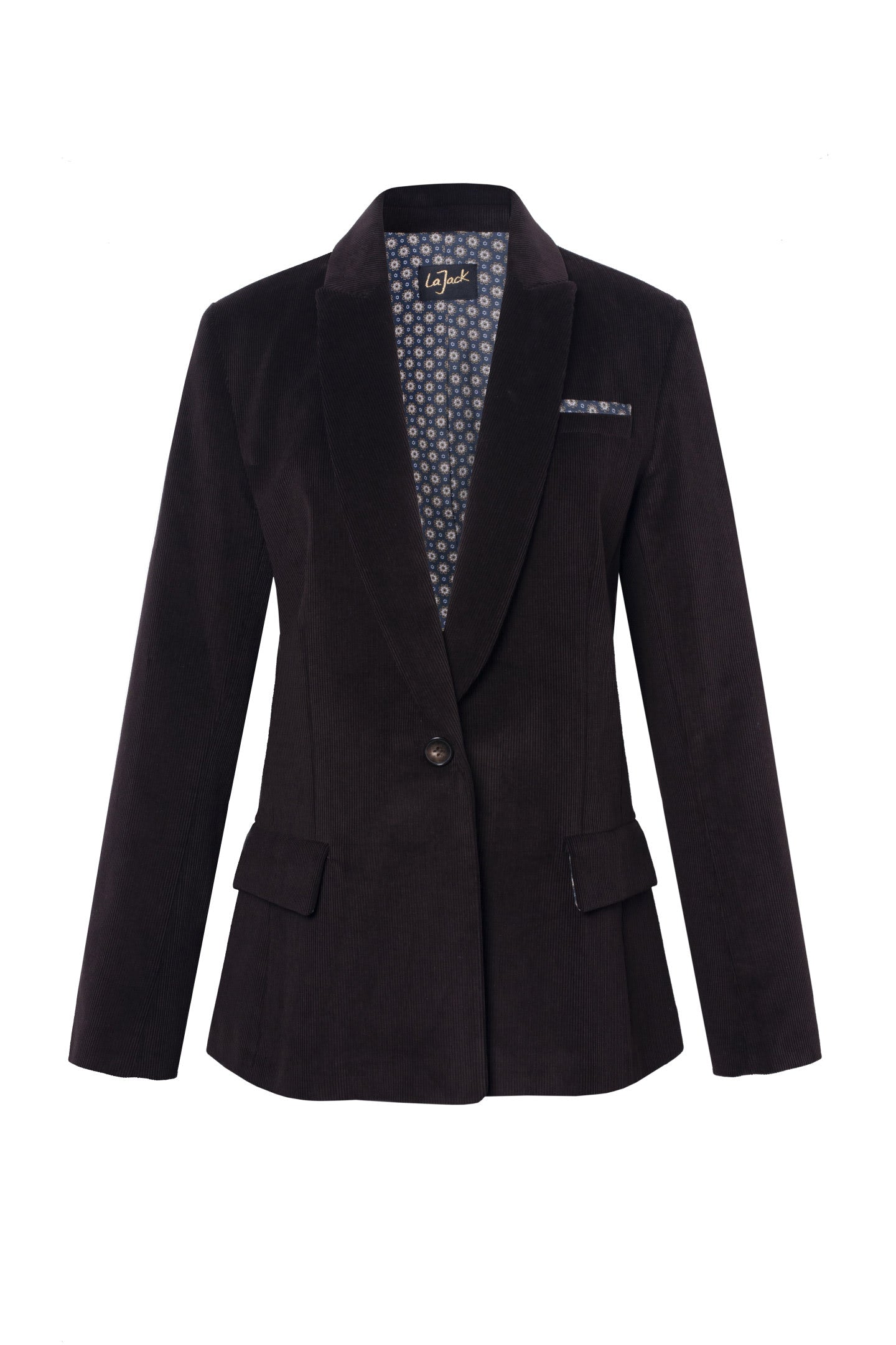 La Gigi - Fitted Brown Corduroy Jacket with Blue Gold Flower Lining 