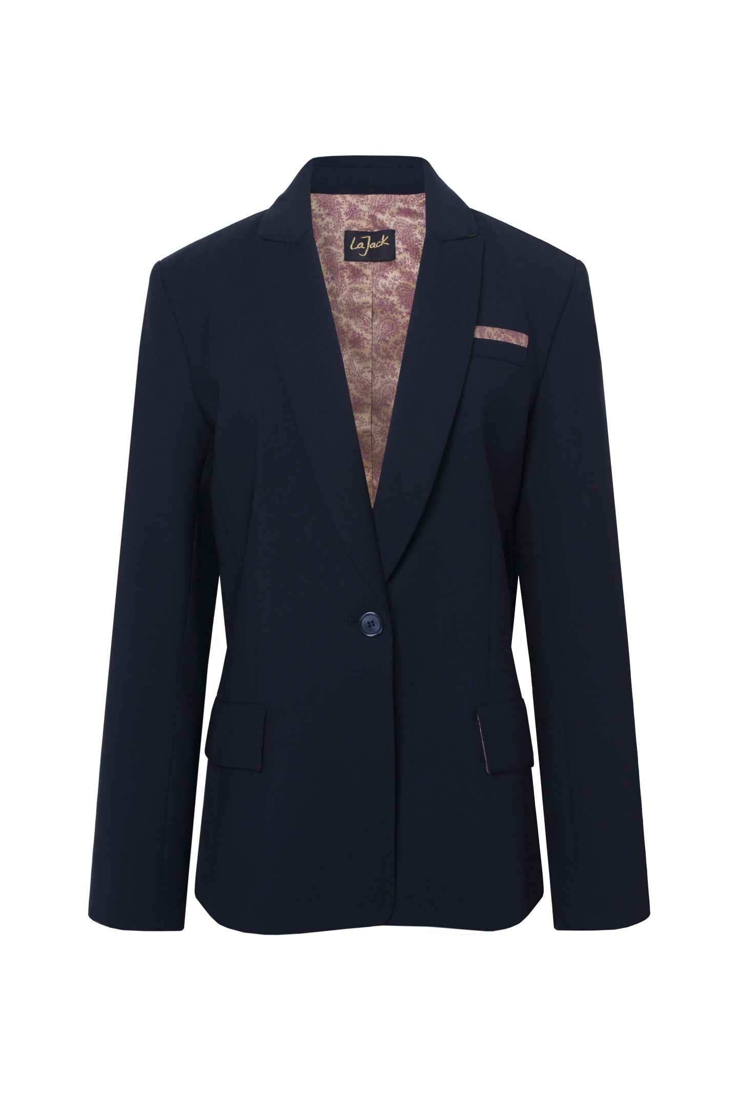 La Jackie Marine - Navy Wool Fitted Jacket Raspberry & Gold Cashmere Lining