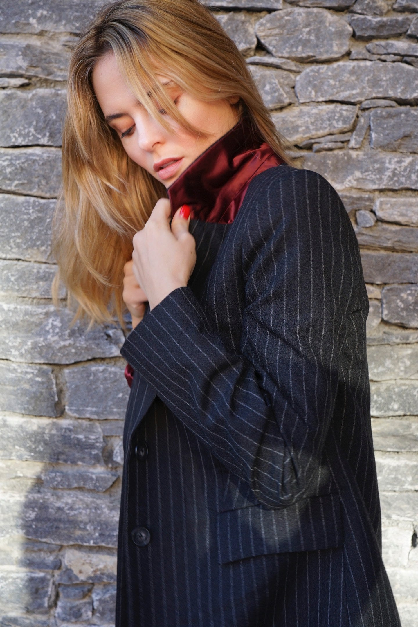 La Taylor - Oversized Wool Blazer Jacket With Black Tennis Stripes Burgundy Lining